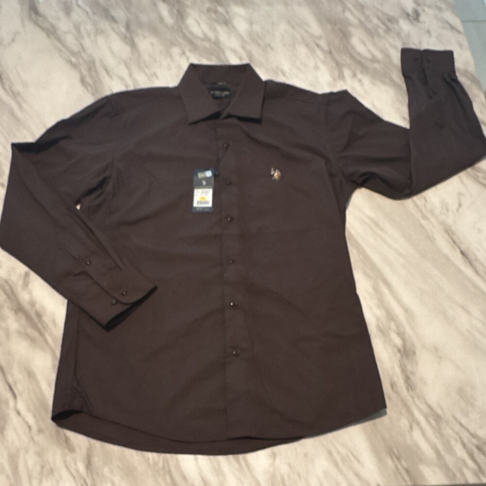 Men’s US polo Ralph Lauren Brown Dress Shirt Medium Slim For NWT